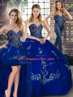 Royal Blue Tulle Lace Up Sweetheart Sleeveless Floor Length Sweet 16 Dress Beading and Embroidery