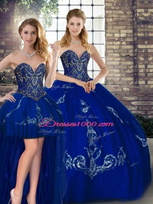 Royal Blue Tulle Lace Up Sweetheart Sleeveless Floor Length Sweet 16 Dress Beading and Embroidery