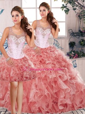 Watermelon Red Organza Clasp Handle Scoop Sleeveless Floor Length Sweet 16 Dress Beading and Ruffles