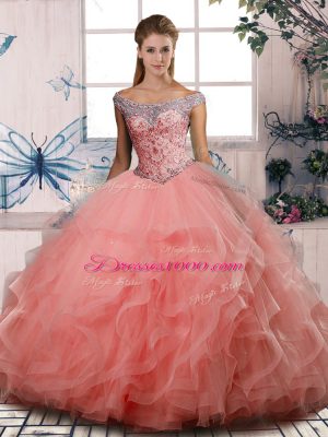 Watermelon Red Sleeveless Floor Length Beading Lace Up Ball Gown Prom Dress