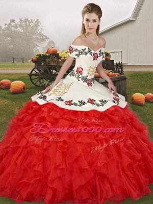 White And Red Vestidos de Quinceanera Military Ball and Sweet 16 and Quinceanera with Embroidery and Ruffles Off The Shoulder Sleeveless Lace Up