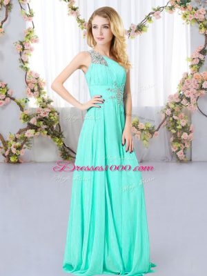 Suitable Aqua Blue Dama Dress for Quinceanera Wedding Party with Beading One Shoulder Sleeveless Zipper