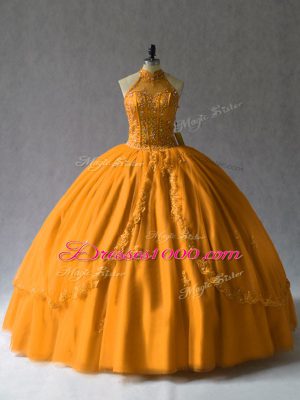 Low Price Orange Ball Gown Prom Dress Sweet 16 and Quinceanera with Beading Halter Top Lace Up