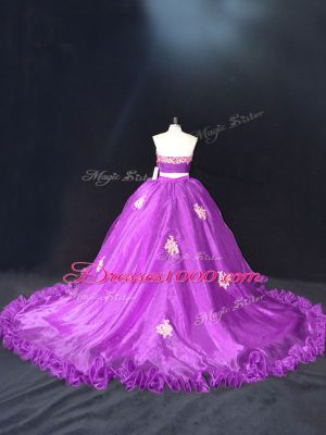 Purple Zipper Vestidos de Quinceanera Appliques Sleeveless Brush Train