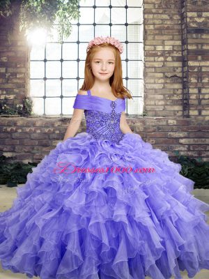 Lavender Straps Neckline Beading and Ruffles Kids Pageant Dress Sleeveless Lace Up