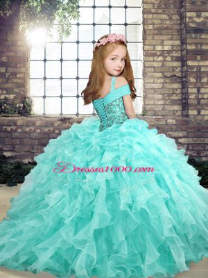 Lavender Straps Neckline Beading and Ruffles Kids Pageant Dress Sleeveless Lace Up