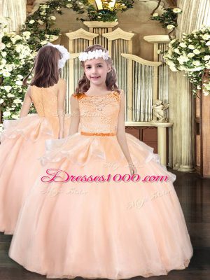 Scoop Sleeveless Kids Formal Wear Floor Length Lace Peach Organza
