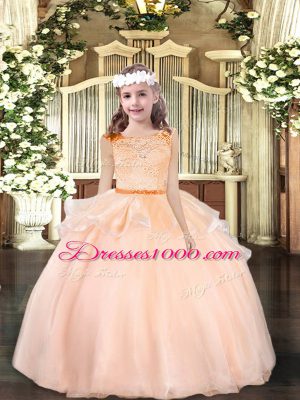 Scoop Sleeveless Kids Formal Wear Floor Length Lace Peach Organza