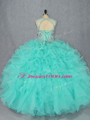 Spectacular Sleeveless Organza Floor Length Lace Up Sweet 16 Dress in Aqua Blue with Beading