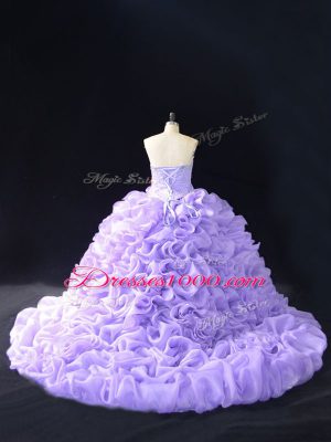 Glittering Lavender Sleeveless Beading and Pick Ups and Hand Made Flower Lace Up Quince Ball Gowns