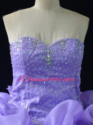 Glittering Lavender Sleeveless Beading and Pick Ups and Hand Made Flower Lace Up Quince Ball Gowns