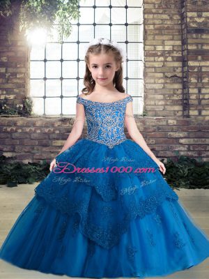 Fashionable Beading and Appliques Kids Pageant Dress Blue Lace Up Sleeveless Floor Length
