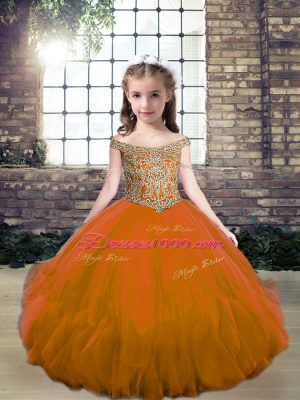 Excellent Floor Length Brown Kids Pageant Dress Off The Shoulder Sleeveless Lace Up