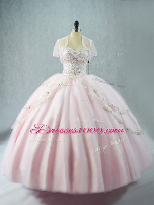 Pink Lace Up Sweetheart Beading Quinceanera Dresses Tulle Sleeveless