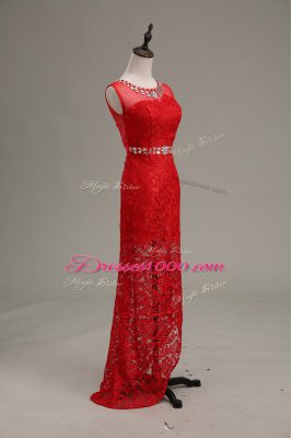 Red Column/Sheath Beading Evening Wear Zipper Lace Sleeveless Floor Length