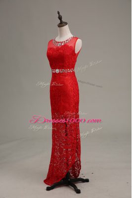 Red Column/Sheath Beading Evening Wear Zipper Lace Sleeveless Floor Length