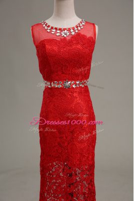 Red Column/Sheath Beading Evening Wear Zipper Lace Sleeveless Floor Length