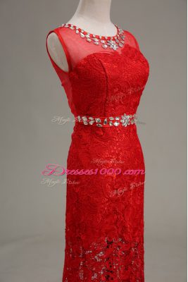 Red Column/Sheath Beading Evening Wear Zipper Lace Sleeveless Floor Length