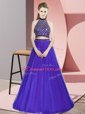 Purple Two Pieces Tulle Halter Top Sleeveless Beading Floor Length Backless Evening Dress