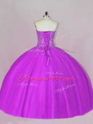 Modest Floor Length Purple Quince Ball Gowns Tulle Sleeveless Beading