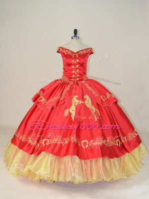 Embroidery Quinceanera Dress Red Lace Up Sleeveless Floor Length