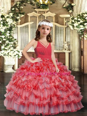 Excellent Floor Length Zipper Evening Gowns Coral Red and In with Ruffles and Ruffled Layers