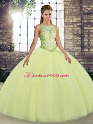 Flare Yellow Green Ball Gowns Embroidery Sweet 16 Dresses Lace Up Tulle Sleeveless Floor Length