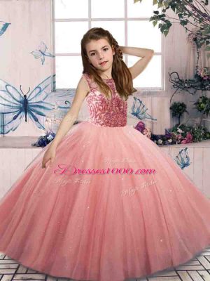 Fashionable Watermelon Red Sleeveless Floor Length Beading Lace Up Little Girl Pageant Dress