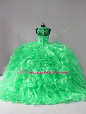 Elegant Sleeveless Organza Brush Train Lace Up Quince Ball Gowns in Green with Beading and Ruffles