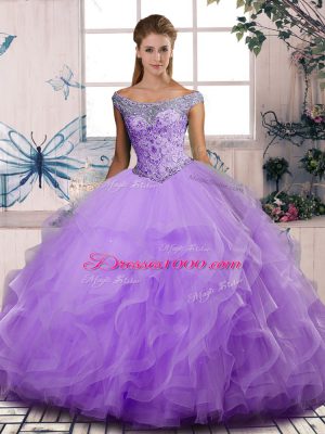 Inexpensive Lavender Lace Up Quince Ball Gowns Beading and Ruffles Sleeveless Floor Length