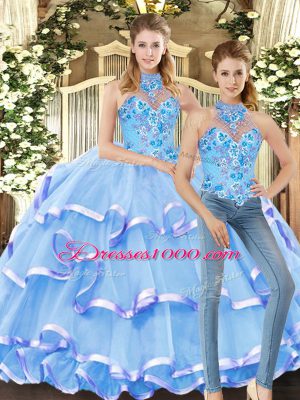 Comfortable Blue Organza Lace Up Quinceanera Dress Sleeveless Floor Length Embroidery and Ruffled Layers