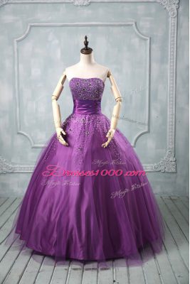 Strapless Sleeveless Lace Up Quinceanera Dress Eggplant Purple and Purple Tulle