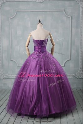 Strapless Sleeveless Lace Up Quinceanera Dress Eggplant Purple and Purple Tulle