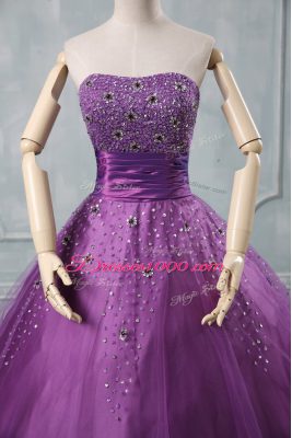 Strapless Sleeveless Lace Up Quinceanera Dress Eggplant Purple and Purple Tulle