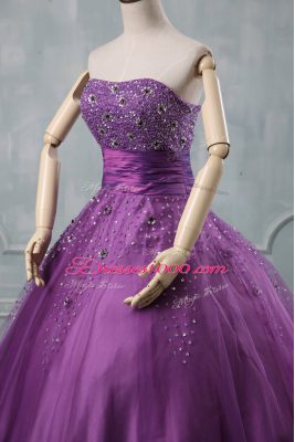 Strapless Sleeveless Lace Up Quinceanera Dress Eggplant Purple and Purple Tulle