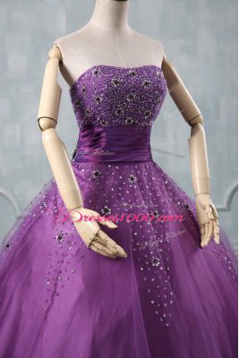 Strapless Sleeveless Lace Up Quinceanera Dress Eggplant Purple and Purple Tulle