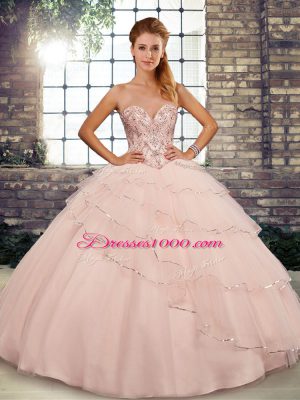 Glittering Peach Sweetheart Lace Up Beading and Ruffled Layers Sweet 16 Dress Brush Train Sleeveless