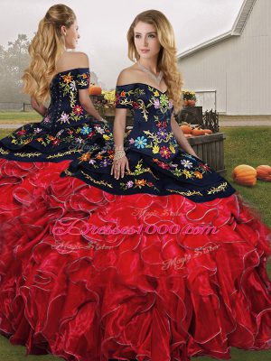 Organza Off The Shoulder Sleeveless Lace Up Embroidery and Ruffles 15 Quinceanera Dress in Red And Black