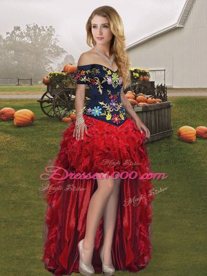 Organza Off The Shoulder Sleeveless Lace Up Embroidery and Ruffles 15 Quinceanera Dress in Red And Black