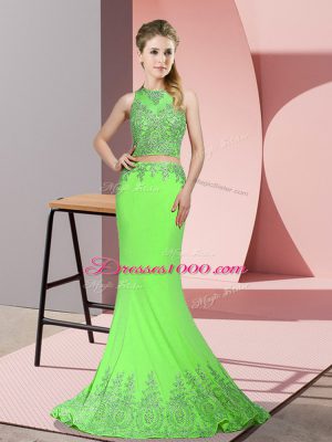 Sleeveless Sweep Train Beading and Appliques Zipper