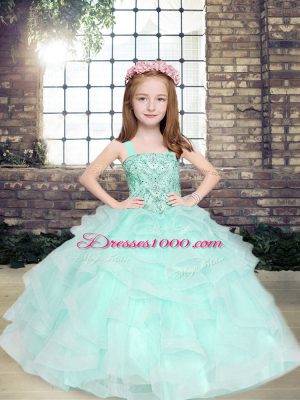 Apple Green Ball Gowns Beading and Ruffles Pageant Dress Lace Up Tulle Sleeveless Floor Length
