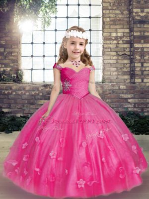 Straps Sleeveless Tulle Kids Pageant Dress Beading and Hand Made Flower Lace Up