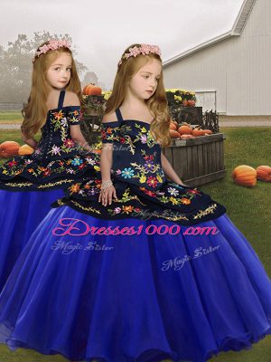 Spaghetti Straps Sleeveless Girls Pageant Dresses Floor Length Embroidery and Ruffles Royal Blue Organza