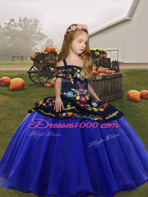 Spaghetti Straps Sleeveless Girls Pageant Dresses Floor Length Embroidery and Ruffles Royal Blue Organza