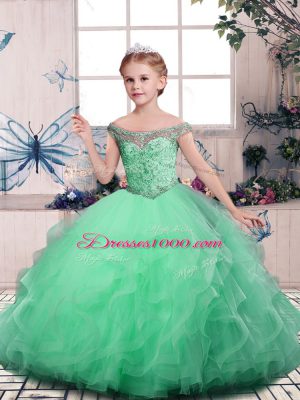 Apple Green Tulle Lace Up Little Girl Pageant Gowns Sleeveless Floor Length Beading and Ruffles