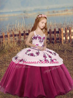 Perfect Fuchsia Sleeveless Floor Length Embroidery and Bowknot Lace Up Pageant Gowns For Girls