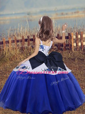 Perfect Fuchsia Sleeveless Floor Length Embroidery and Bowknot Lace Up Pageant Gowns For Girls