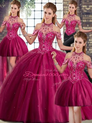 Lace Up Sweet 16 Dress Fuchsia for Military Ball and Sweet 16 and Quinceanera with Beading Brush Train