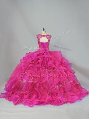 Hot Pink Quinceanera Gown Organza Brush Train Sleeveless Beading and Ruffles