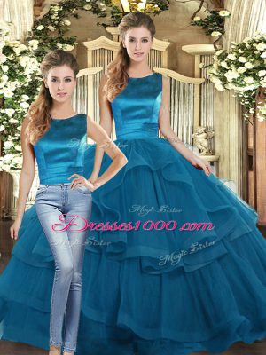 Colorful Floor Length Lace Up Sweet 16 Quinceanera Dress Teal for Military Ball and Sweet 16 and Quinceanera with Ruffles